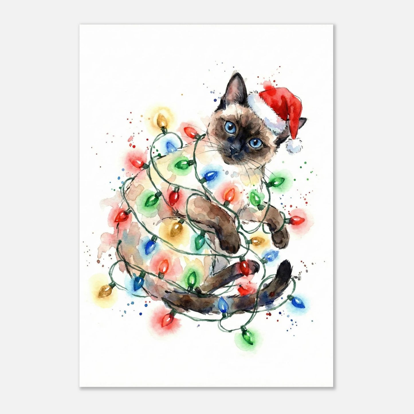 Festlig väggkonst med en lekfull katt i julmiljö, digital akvarellillustration