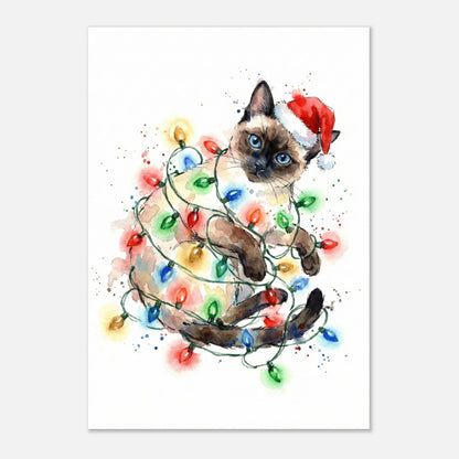 Festlig väggkonst med en lekfull katt i julmiljö, digital akvarellillustration