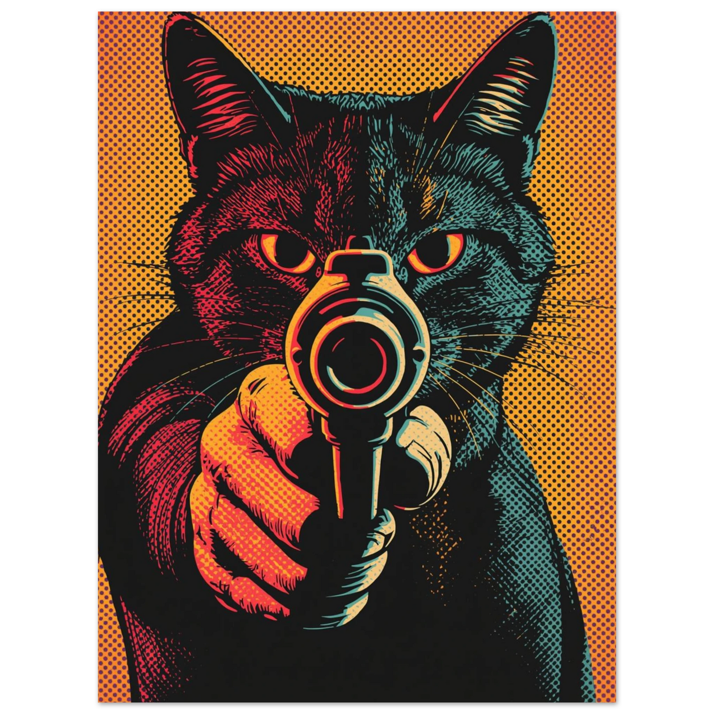 Stiliserad katt med revolver i popkonststil, intensiva färger