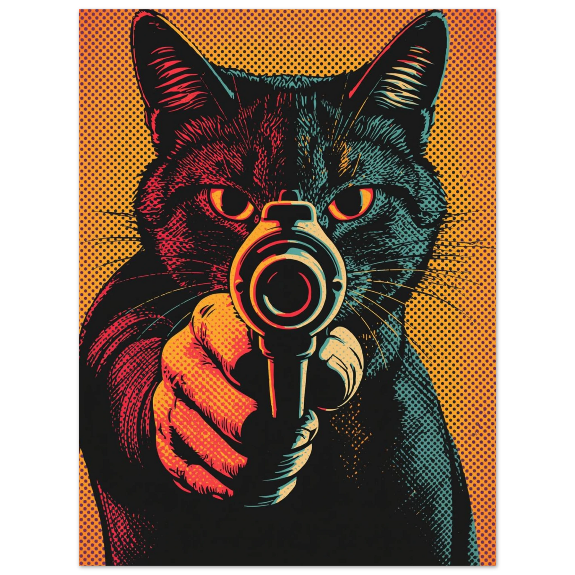 Stiliserad katt med revolver i popkonststil, intensiva färger