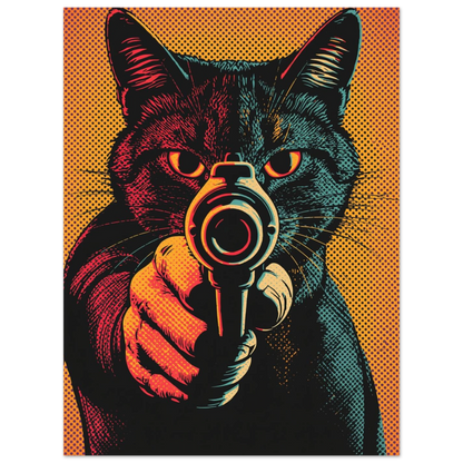 Stiliserad katt med revolver i popkonststil, intensiva färger