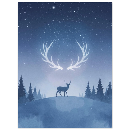 Nordiskt vintermotiv med hjort och stiliserade horn i rymden – print