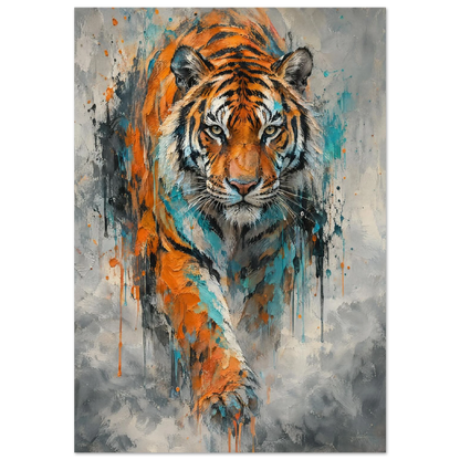 Tiger i expressiv oljemålning med intensiv blick och färgstänk