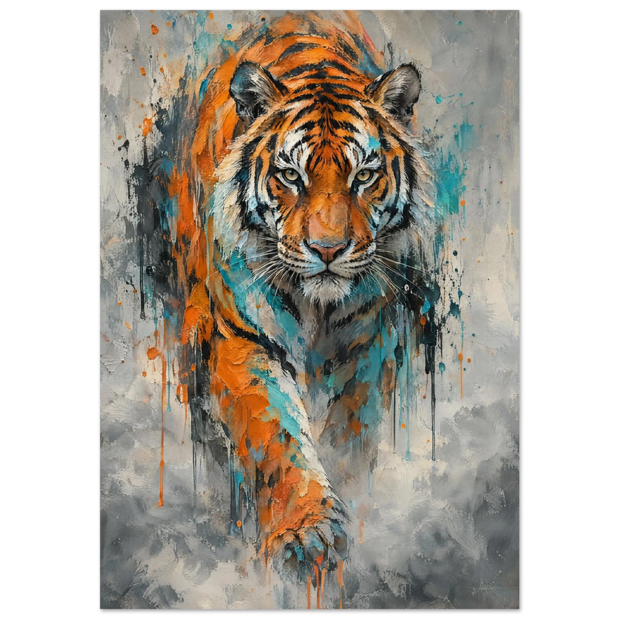 Tiger i expressiv oljemålning med intensiv blick och färgstänk