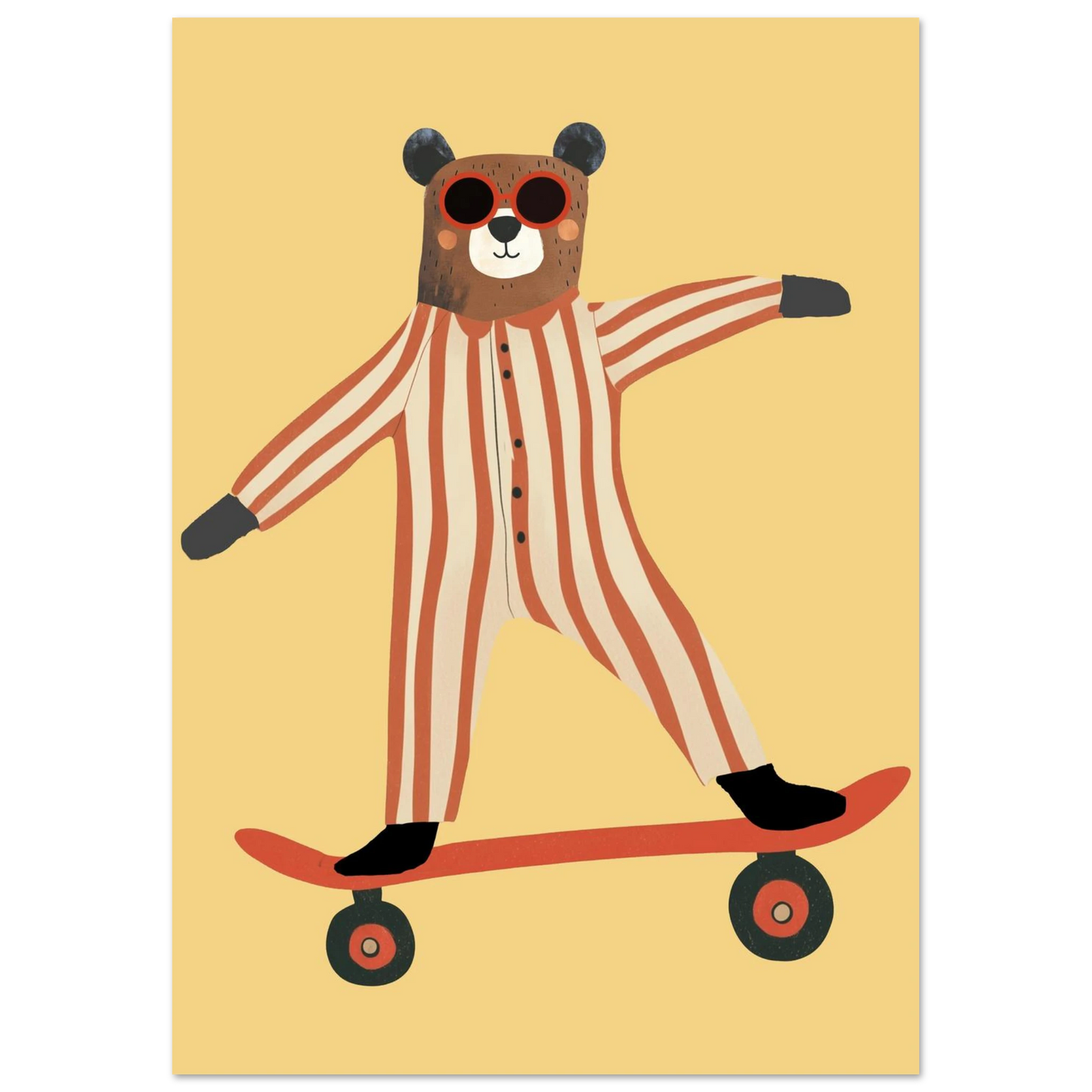 Brunbjörn i randig onepiece på röd skateboard, grafisk poster i varm gul ton