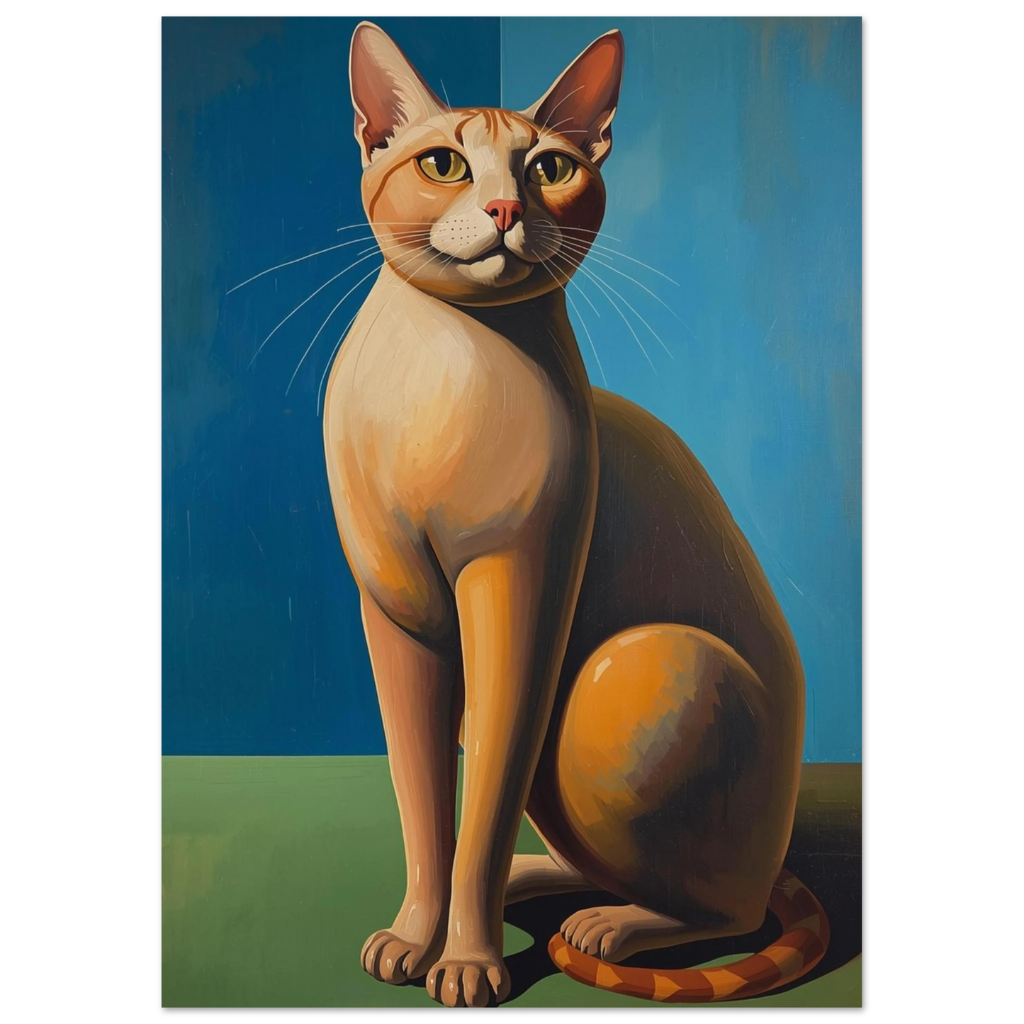 Närbild på orange katt med intensiv blick, modernistisk tavla i blått