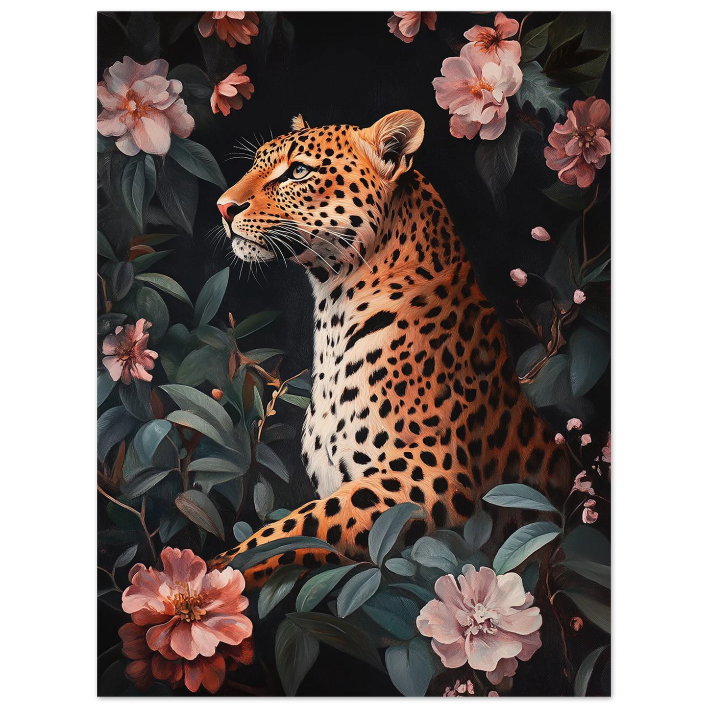 Sittande leopard gömd i ett tätt buskage av rosa blommor, dekorativt canvastryck