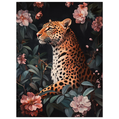 Sittande leopard gömd i ett tätt buskage av rosa blommor, dekorativt canvastryck