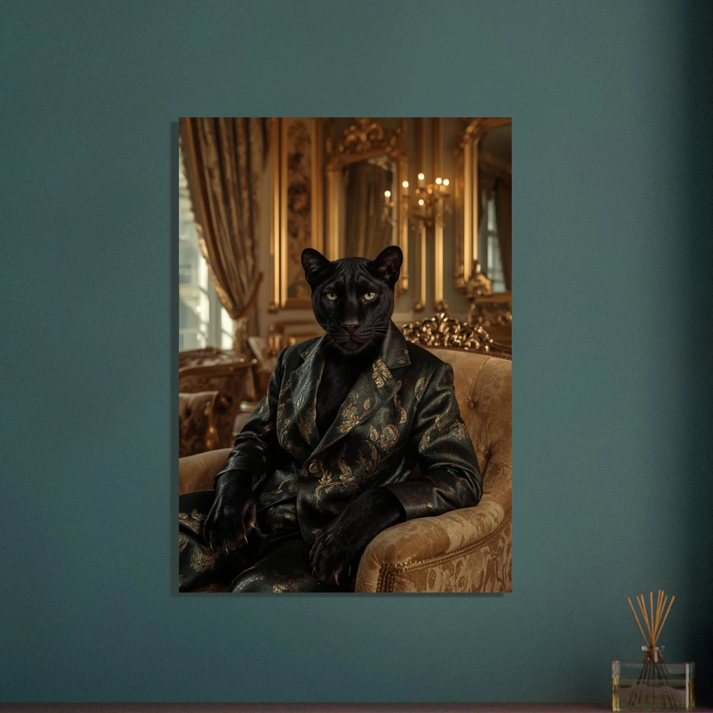 Panter i elegant kavaj i lyxig, gyllene interiör