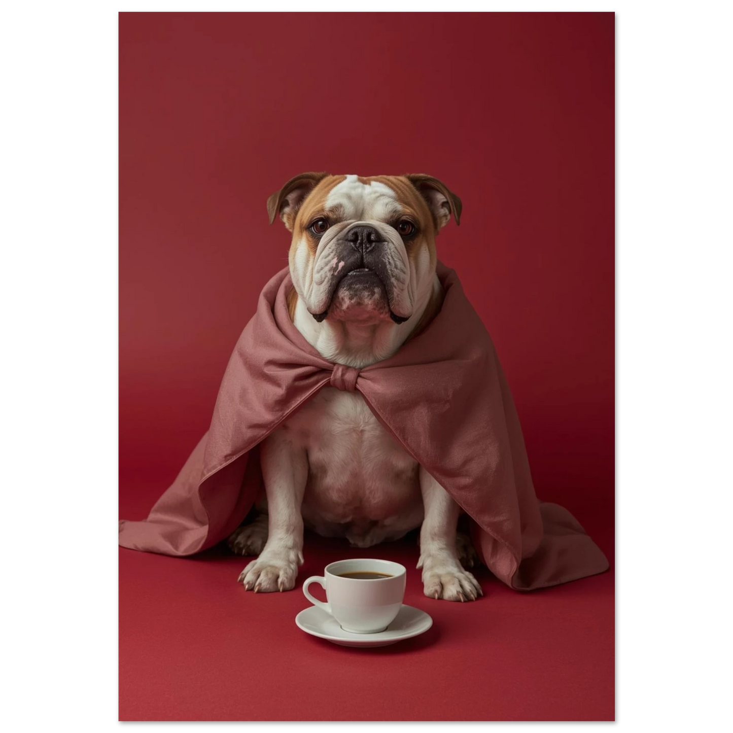 Engelsk bulldogg i gammelrosa mantel med kaffekopp mot röd bakgrund