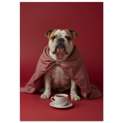 Engelsk bulldogg i gammelrosa mantel med kaffekopp mot röd bakgrund