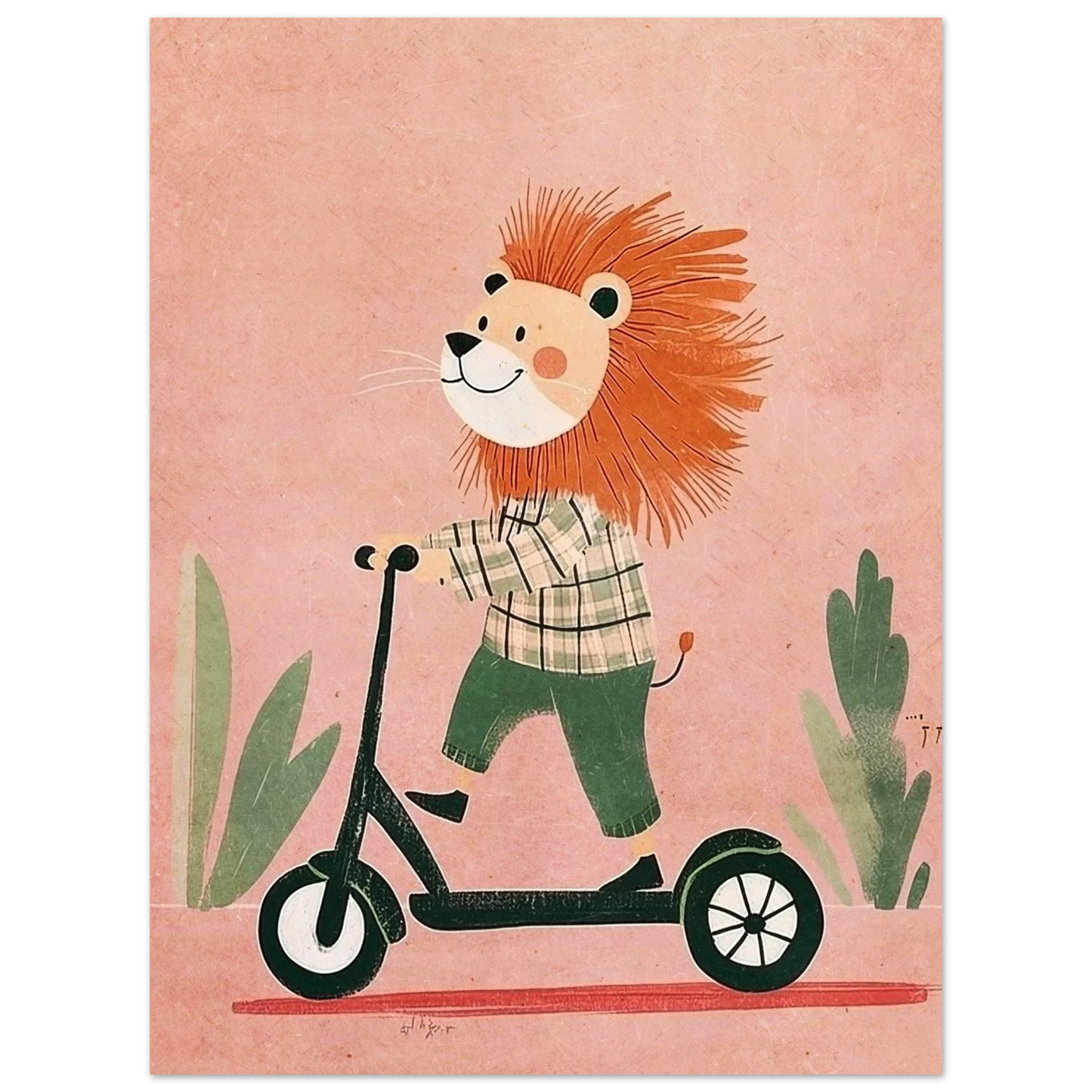 Barnslig illustration av lejon i grönrutig tröja på svart sparkcykel