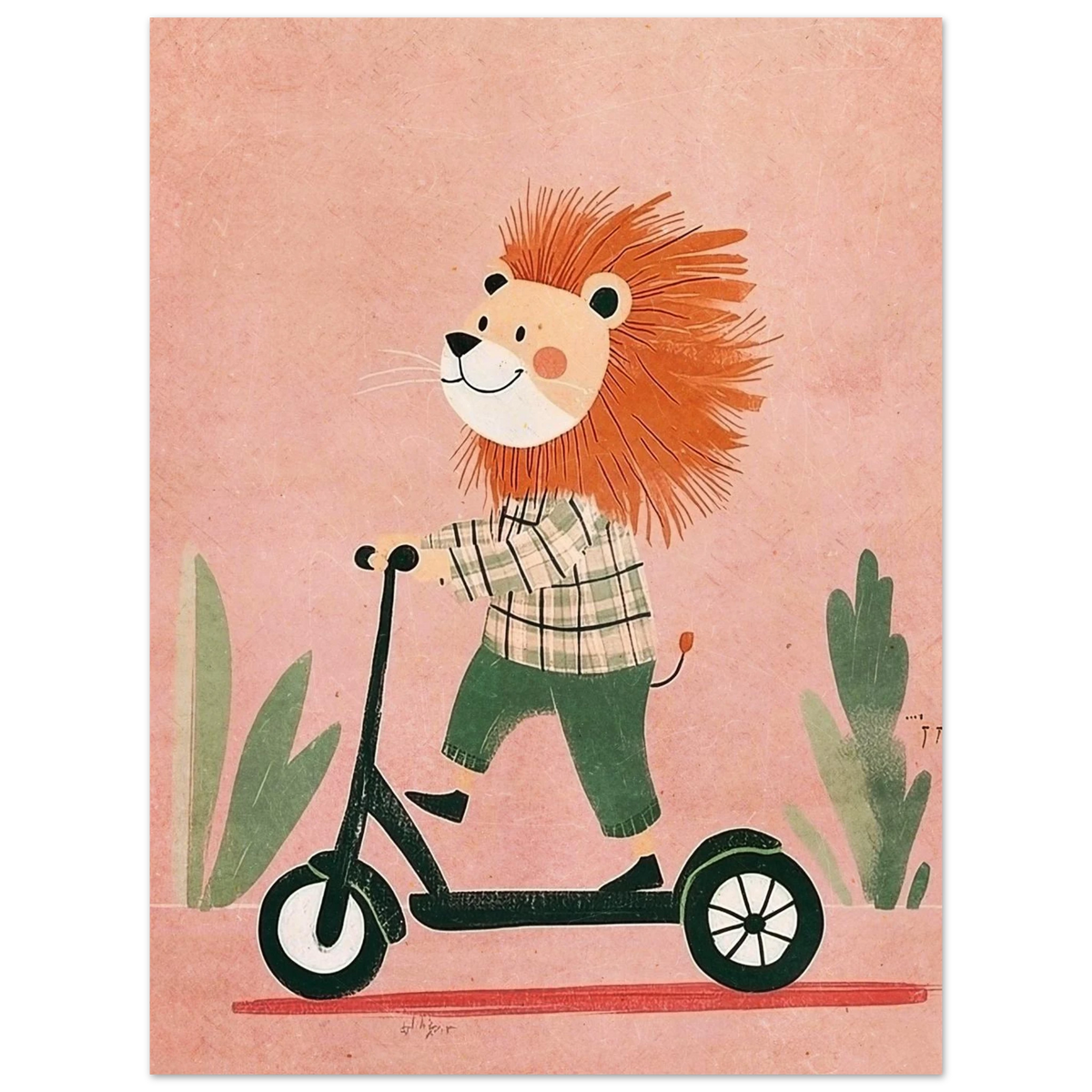 Barnslig illustration av lejon i grönrutig tröja på svart sparkcykel