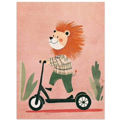 Barnslig illustration av lejon i grönrutig tröja på svart sparkcykel