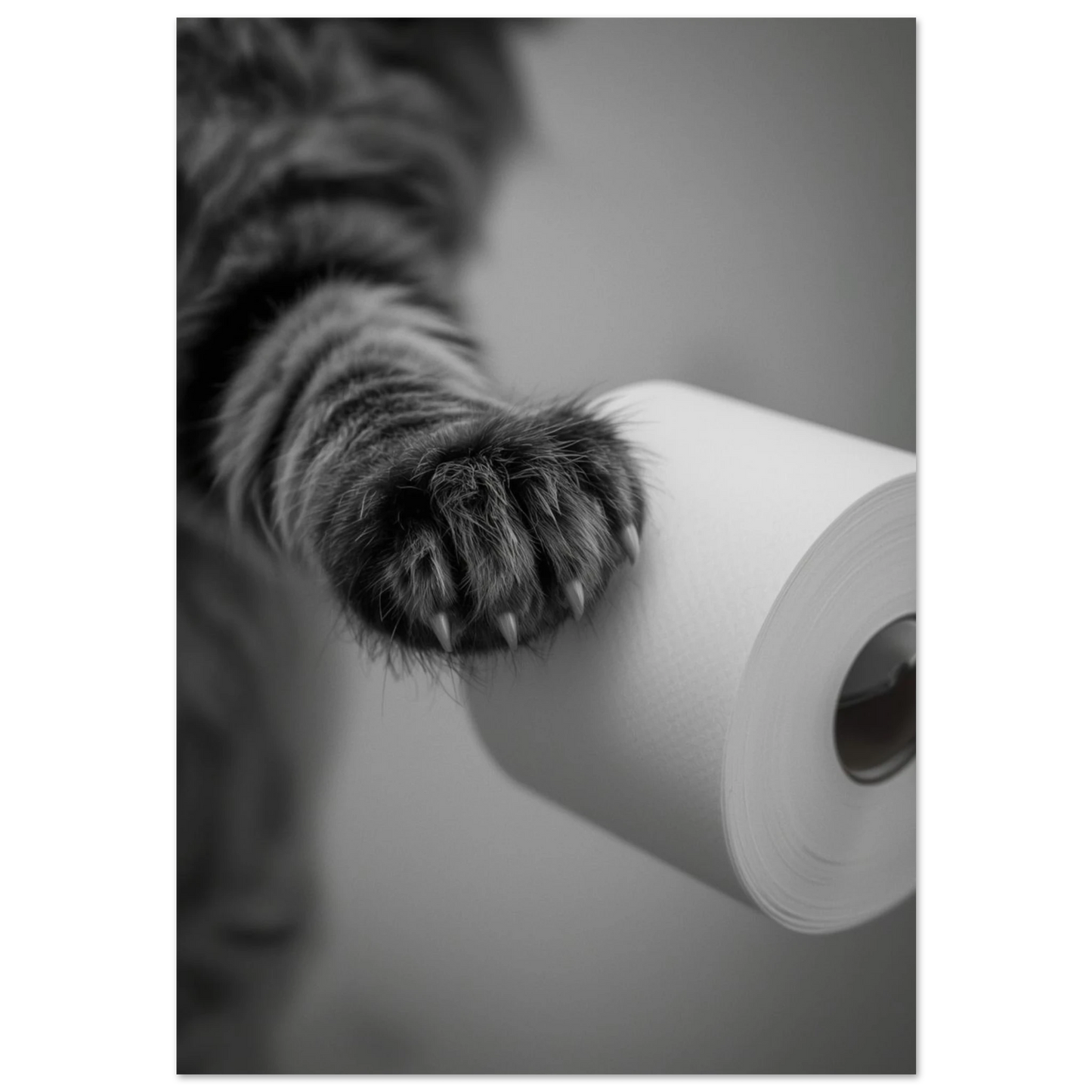 Närbild på en mörkgrå kattass som rör en vit pappersrulle