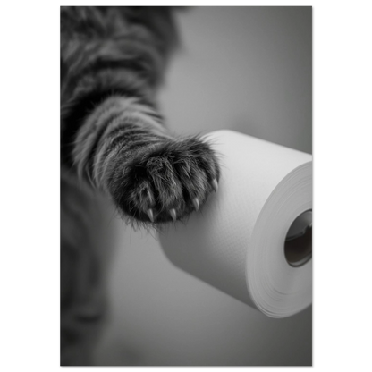 Närbild på en mörkgrå kattass som rör en vit pappersrulle