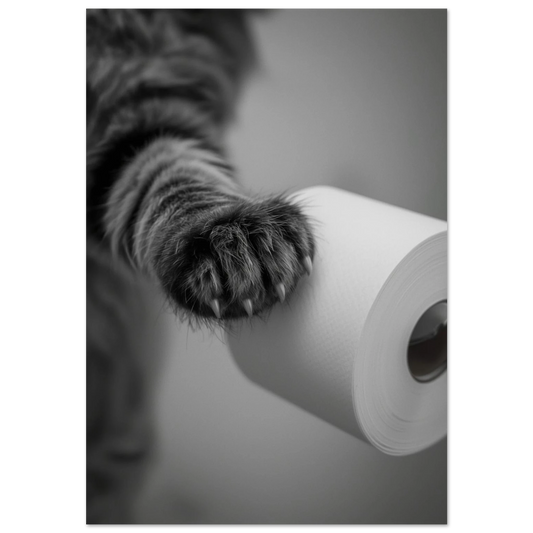 Närbild på en mörkgrå kattass som rör en vit pappersrulle