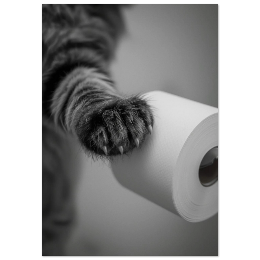 Närbild på en mörkgrå kattass som rör en vit pappersrulle