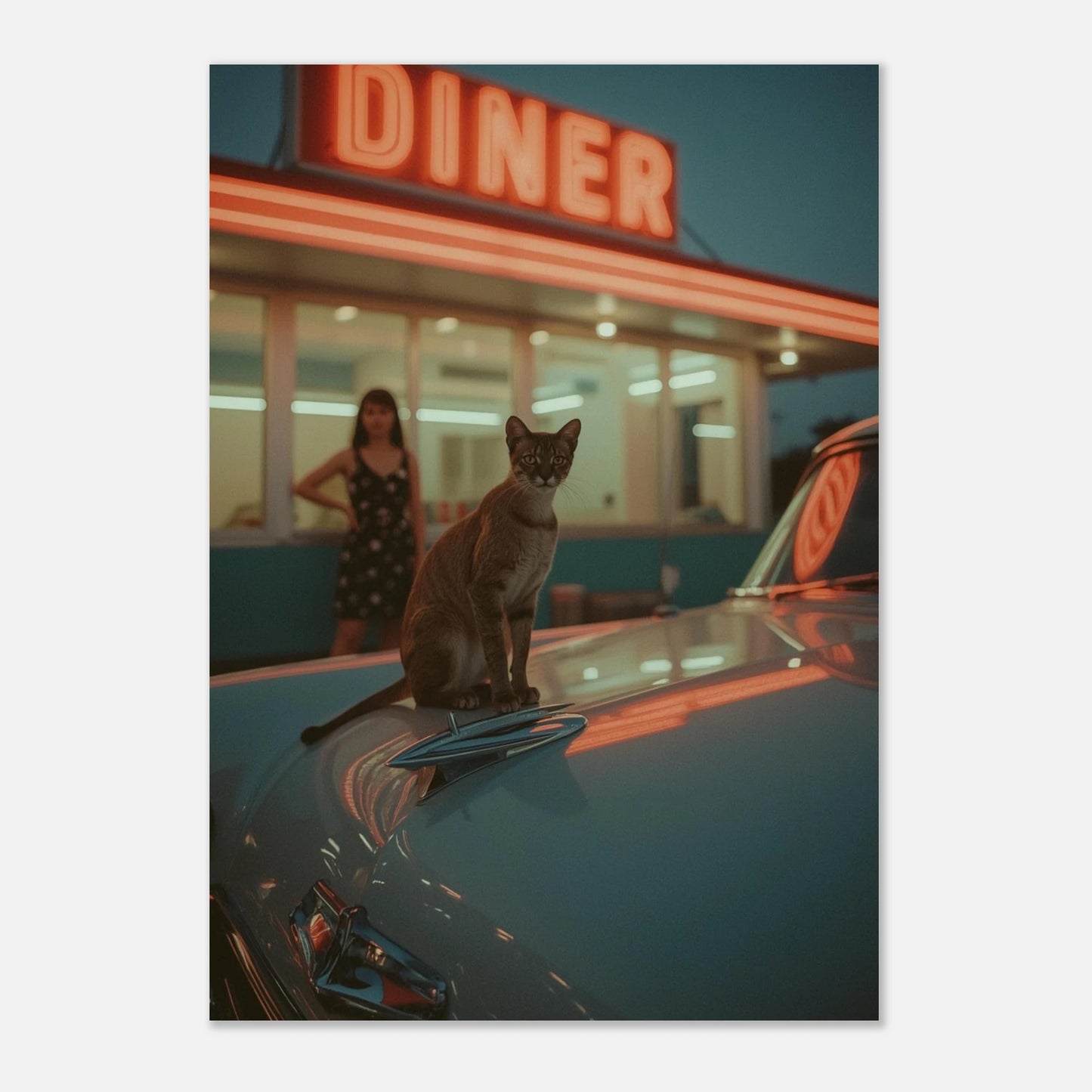 Stämningsfull fotokonst av en katt framför en diner med retrokänsla och neon
