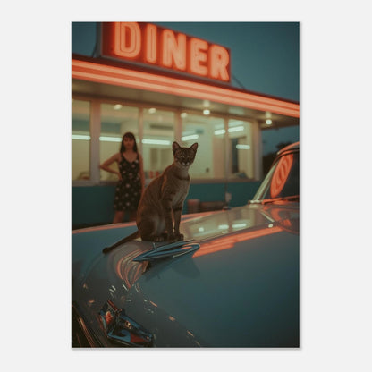 Stämningsfull fotokonst av en katt framför en diner med retrokänsla och neon