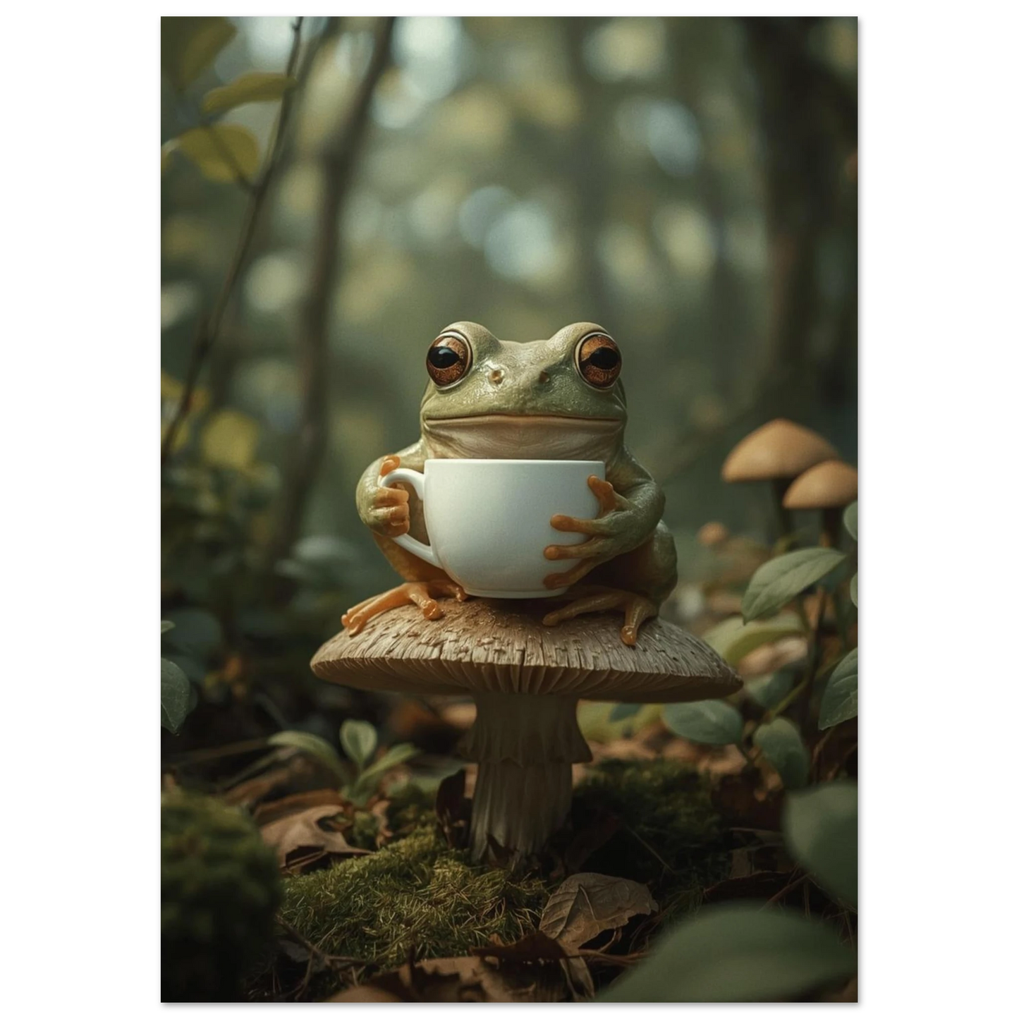 Sagoillustration av en groda som vilar på en svamp med kaffe – poster