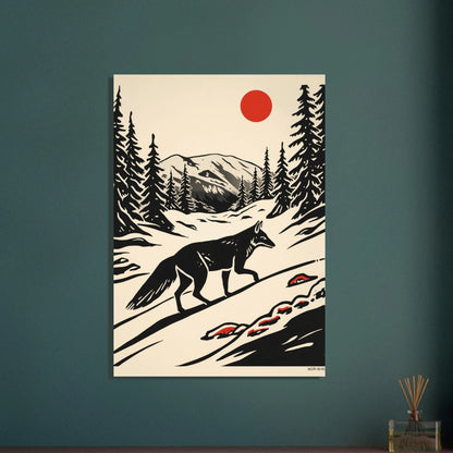 Varg i snöigt nordiskt landskap, träsnittsstil, röd sol