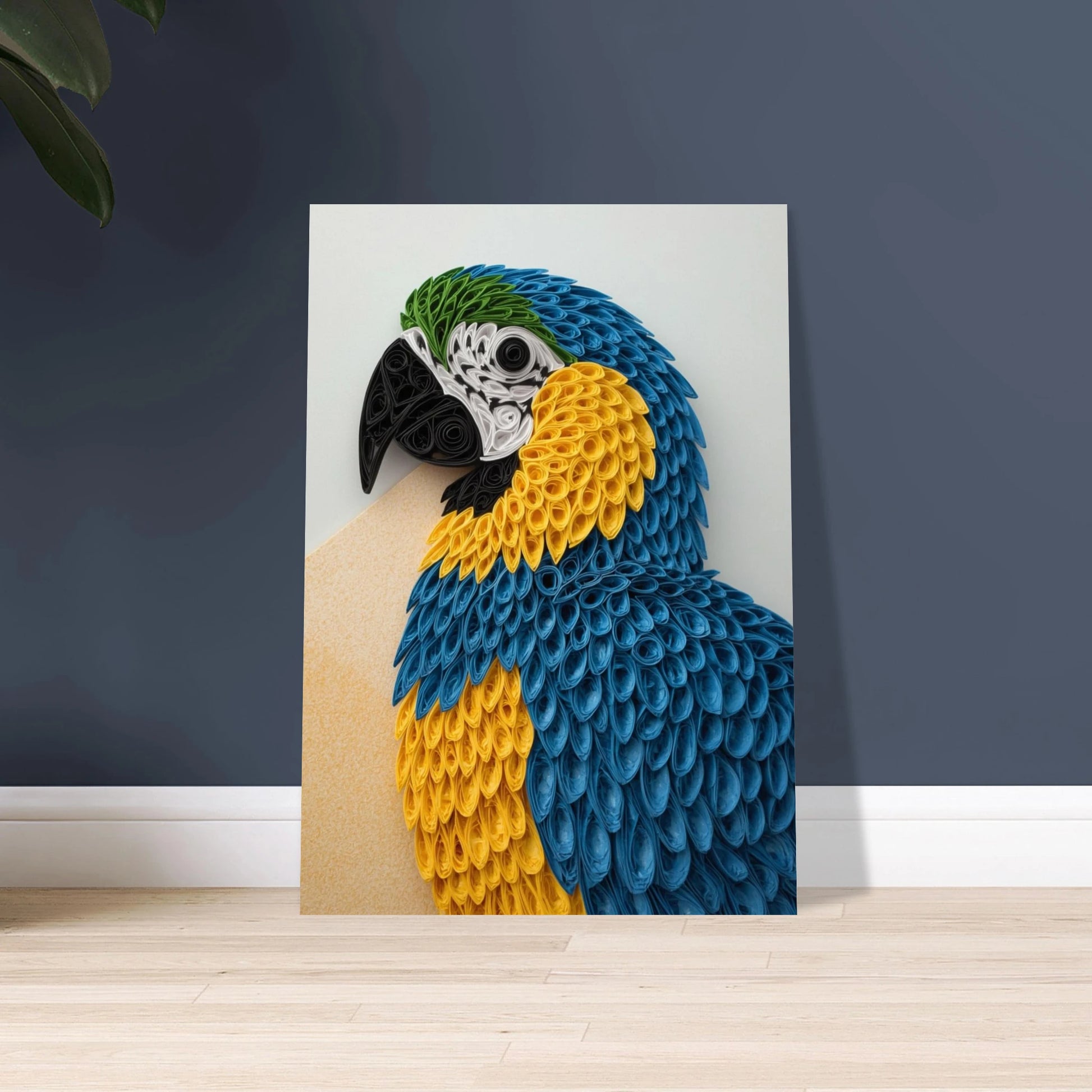 Detaljerad papegoja i quilling-teknik, färgstark och konstnärlig.