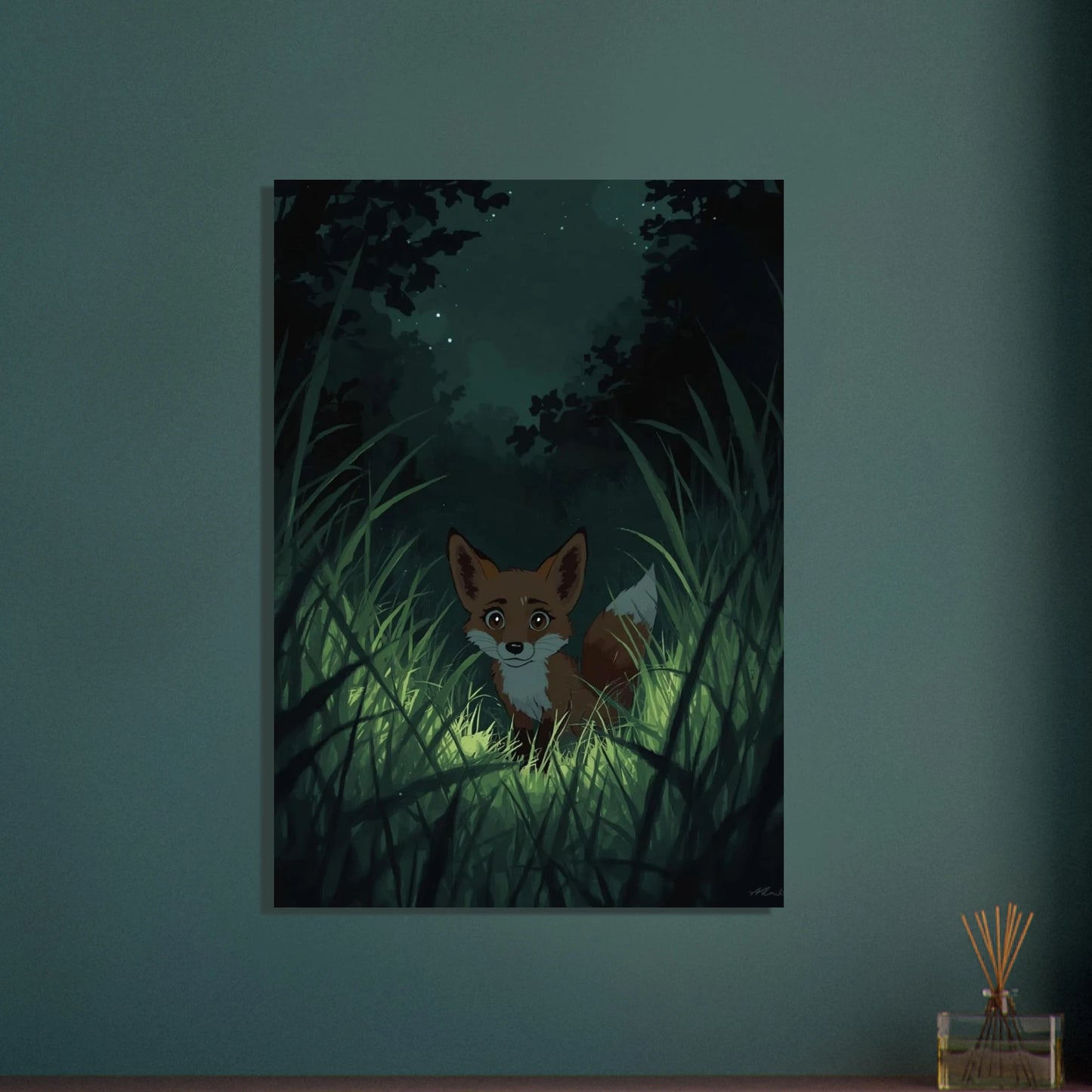 Räv i högt gräs under natthimlen, Ghibli-inspirerad illustration