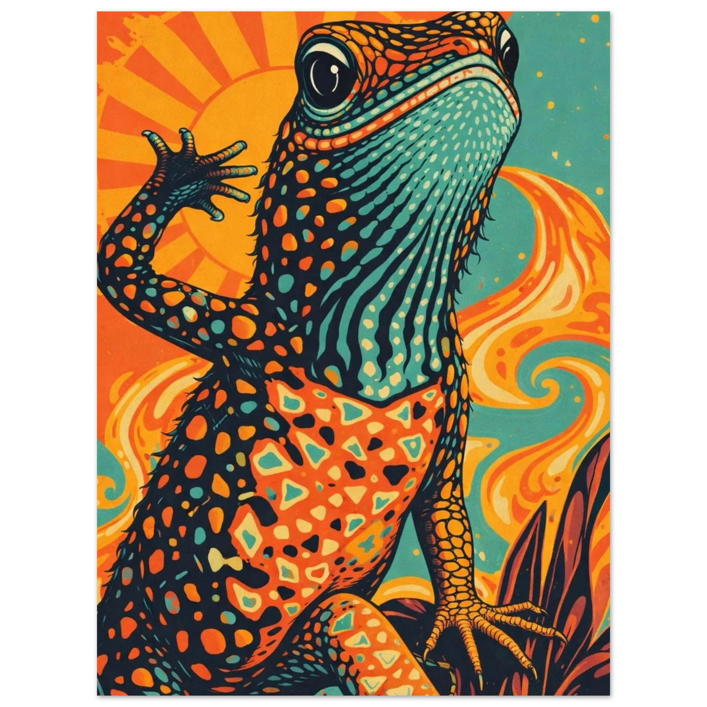 Illustration av en ödla med en vinkande tass i pop-art-stil – Retro poster