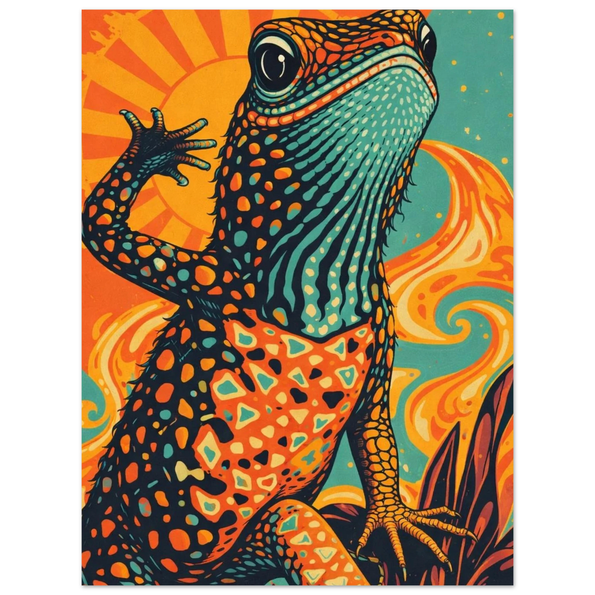 Illustration av en ödla med en vinkande tass i pop-art-stil – Retro poster