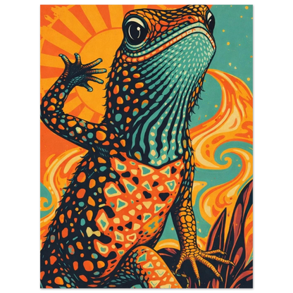 Illustration av en ödla med en vinkande tass i pop-art-stil – Retro poster