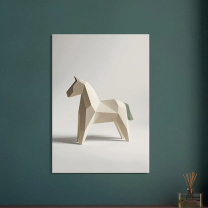 Minimalistisk dalahäst i geometrisk stil, lugn och modern design.