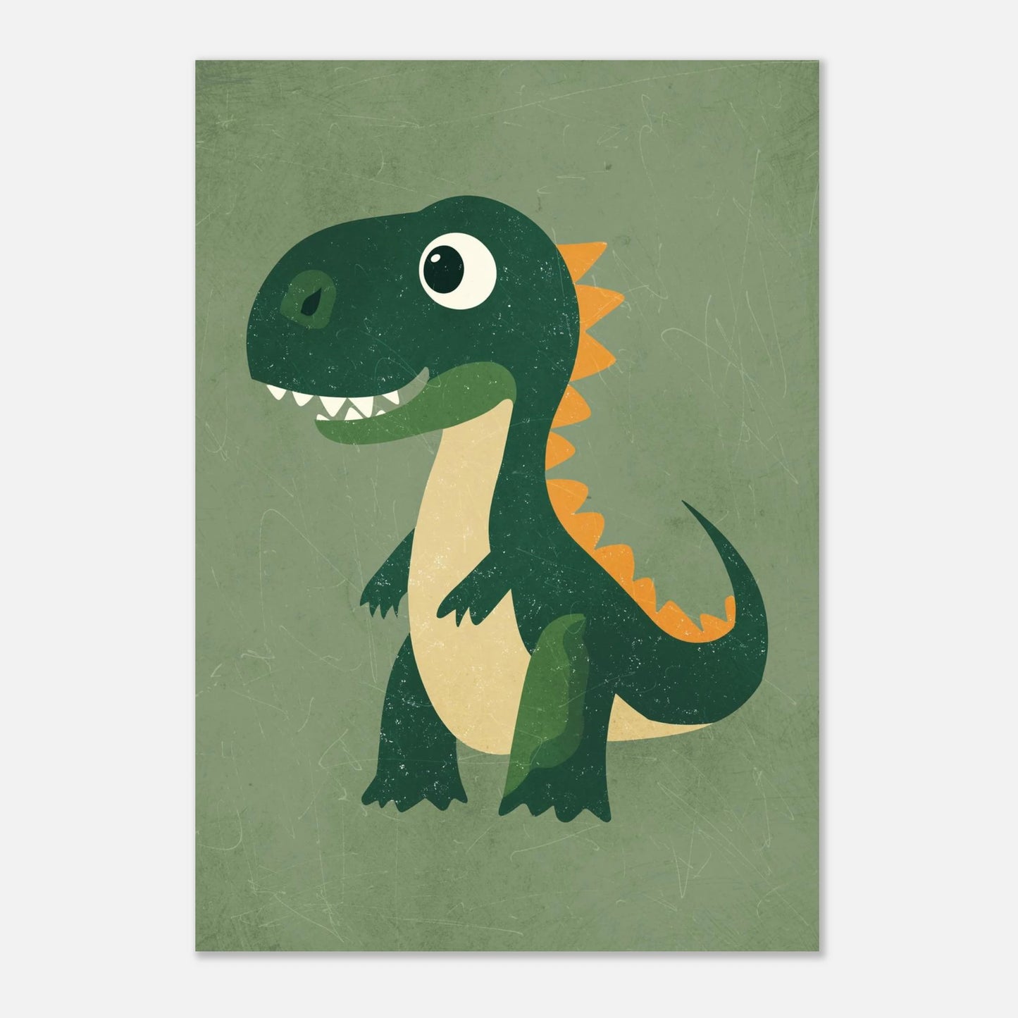 Barnposter med en glad dinosaurie i dova gröna färgtoner