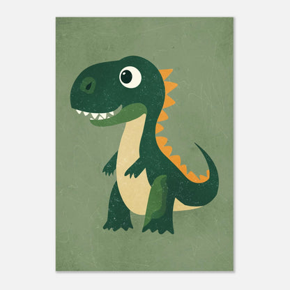 Barnposter med en glad dinosaurie i dova gröna färgtoner