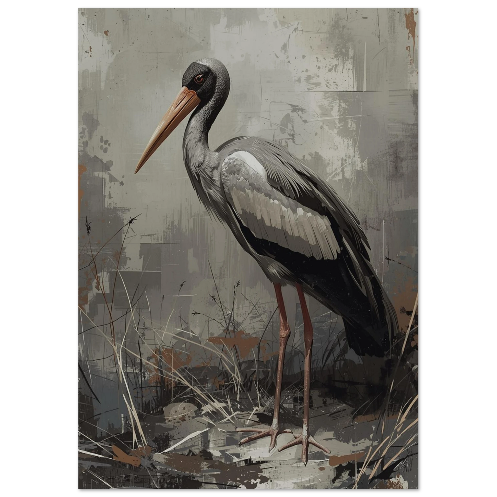 Sittande maraboustork i profil mot en texturerad grå fond – modern väggkonst