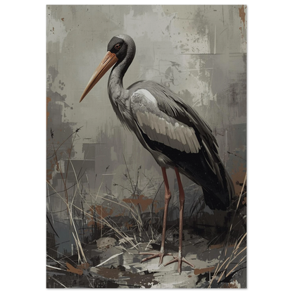 Sittande maraboustork i profil mot en texturerad grå fond – modern väggkonst