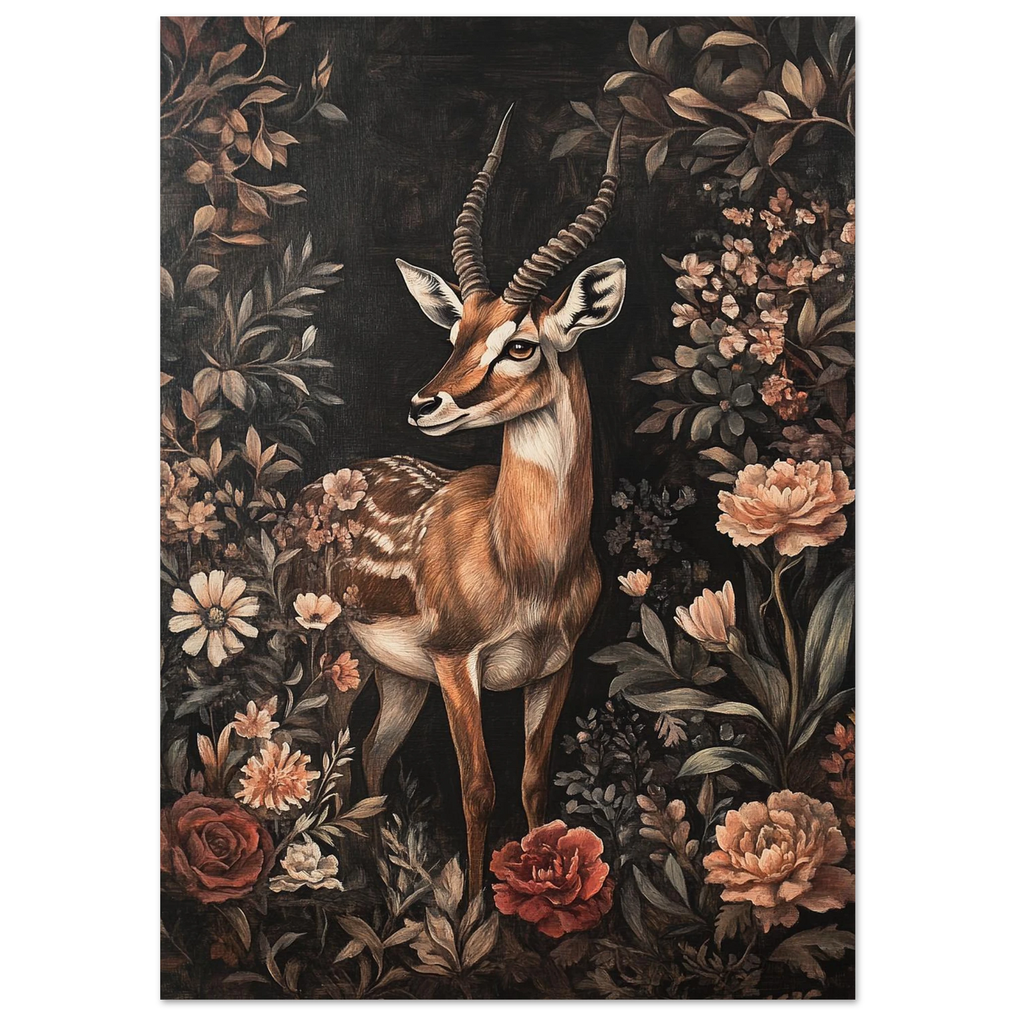 Detaljrik illustration av en antilop i ett djupt blommigt naturmotiv