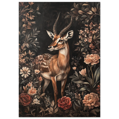 Detaljrik illustration av en antilop i ett djupt blommigt naturmotiv