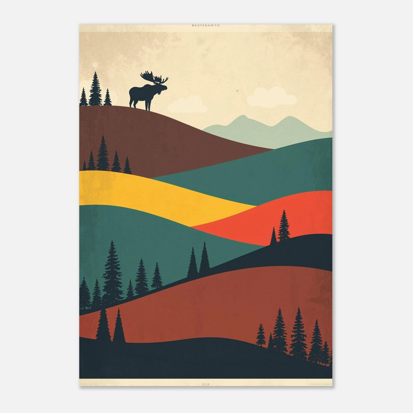 Skandinavisk älgposter med grafiska granar och berg – naturmotiv