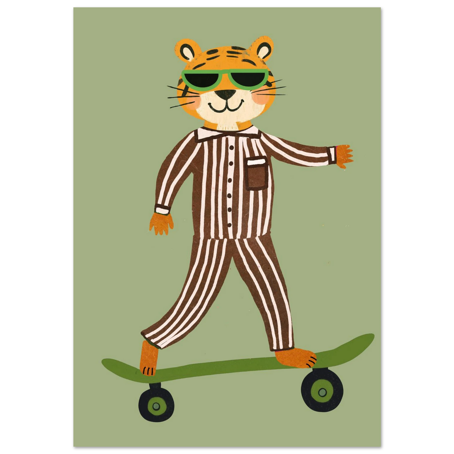 Tiger i brunrandig pyjamas åker skateboard – lekfull djurposter för barnrum