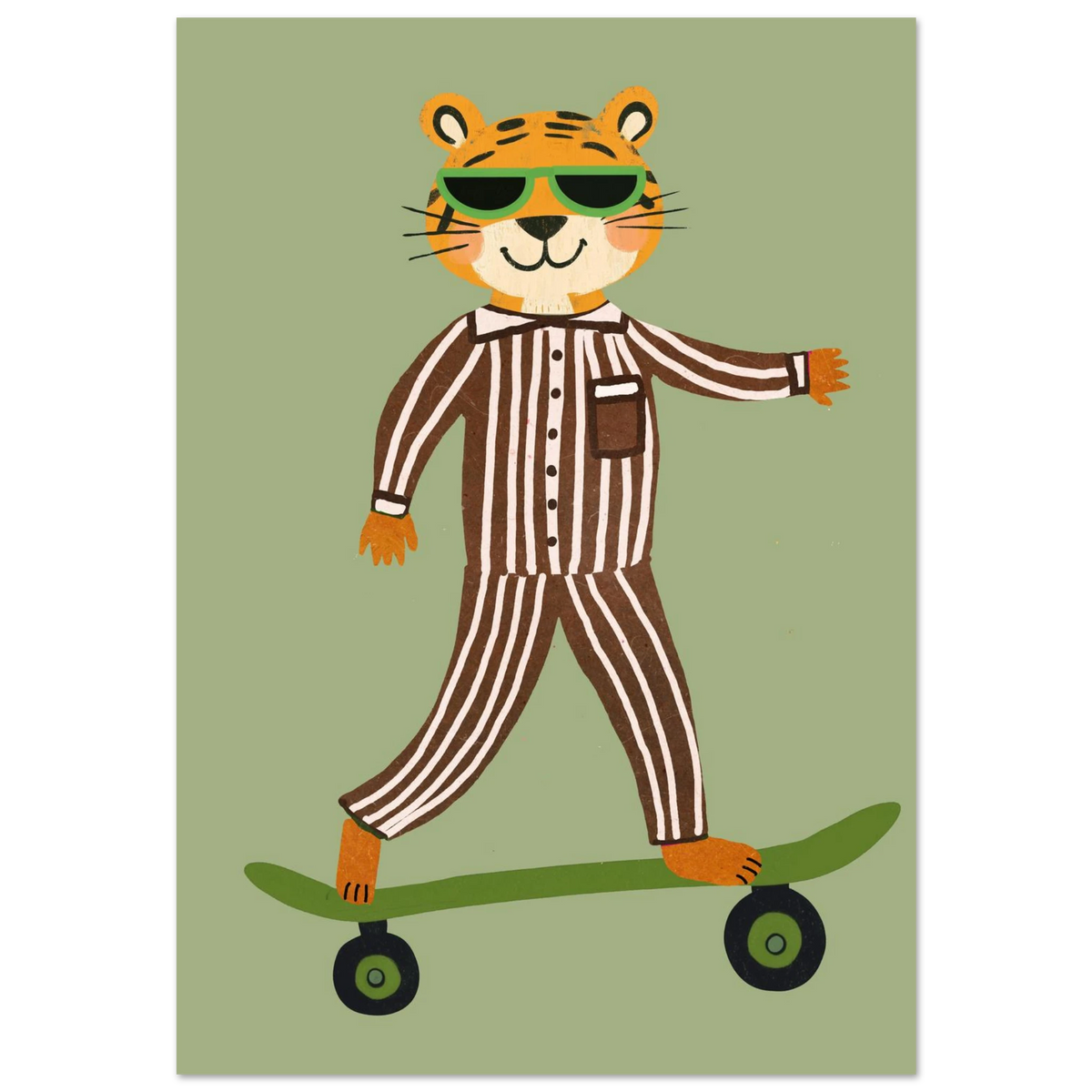Tiger i brunrandig pyjamas åker skateboard – lekfull djurposter för barnrum