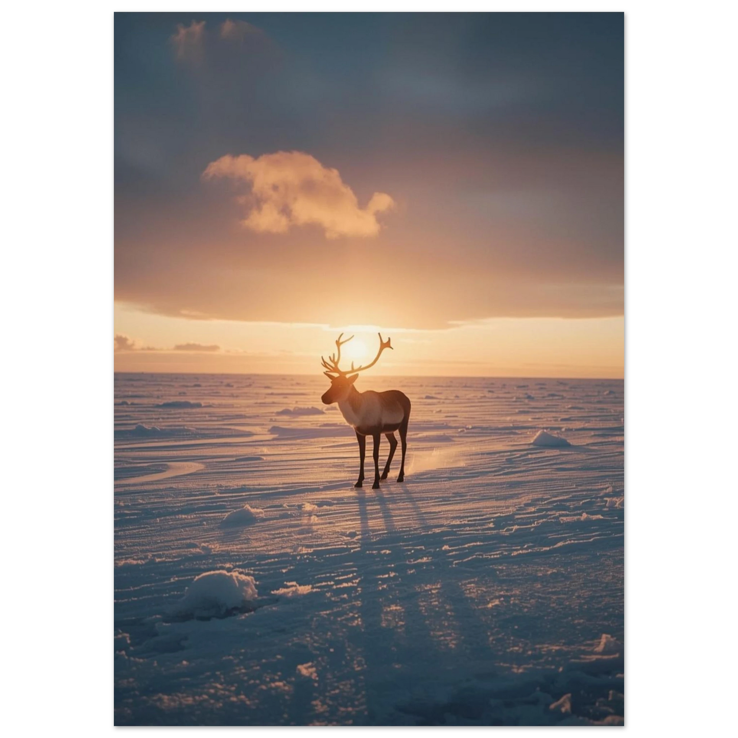 Ståtlig ren med stora horn i ett vidsträckt vinterlandskap vid skymning