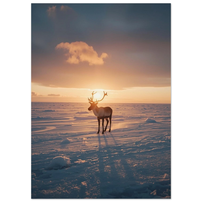 Ståtlig ren med stora horn i ett vidsträckt vinterlandskap vid skymning