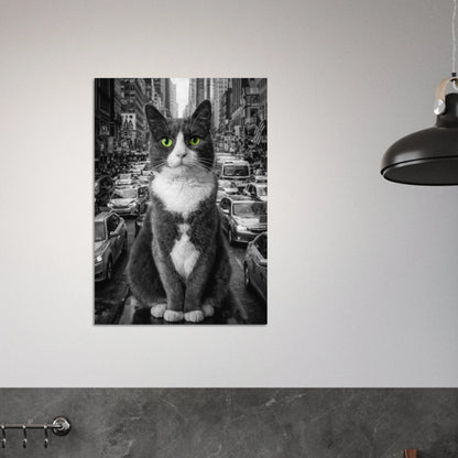 Svartvit katt med gröna ögon poster i en modern köksmiljö med marmorbänk – Fotorealistisk poster
