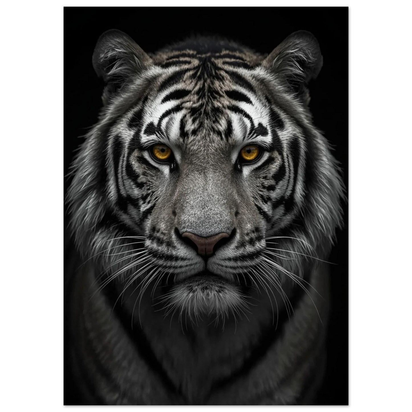 Svartvit tigerposter med intensiva bärnstensfärgade ögon och detaljerad päls i närbild