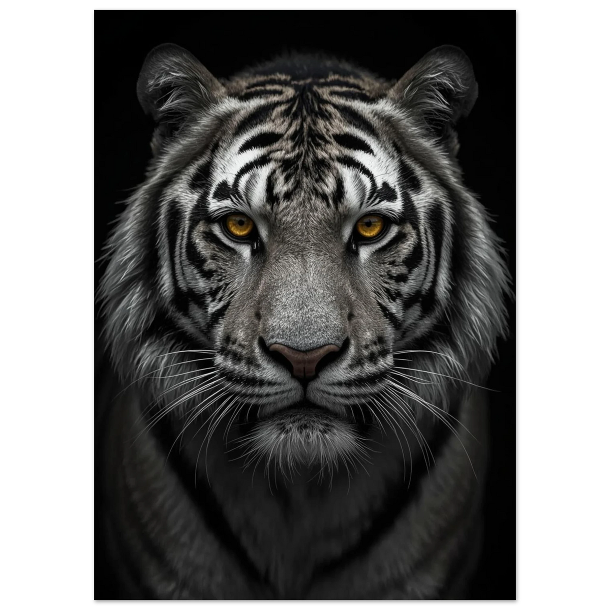 Svartvit tigerposter med intensiva bärnstensfärgade ögon och detaljerad päls i närbild