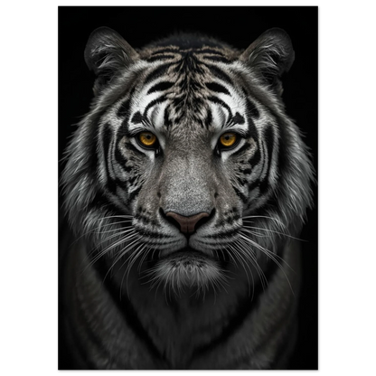 Svartvit tigerposter med intensiva bärnstensfärgade ögon och detaljerad päls i närbild