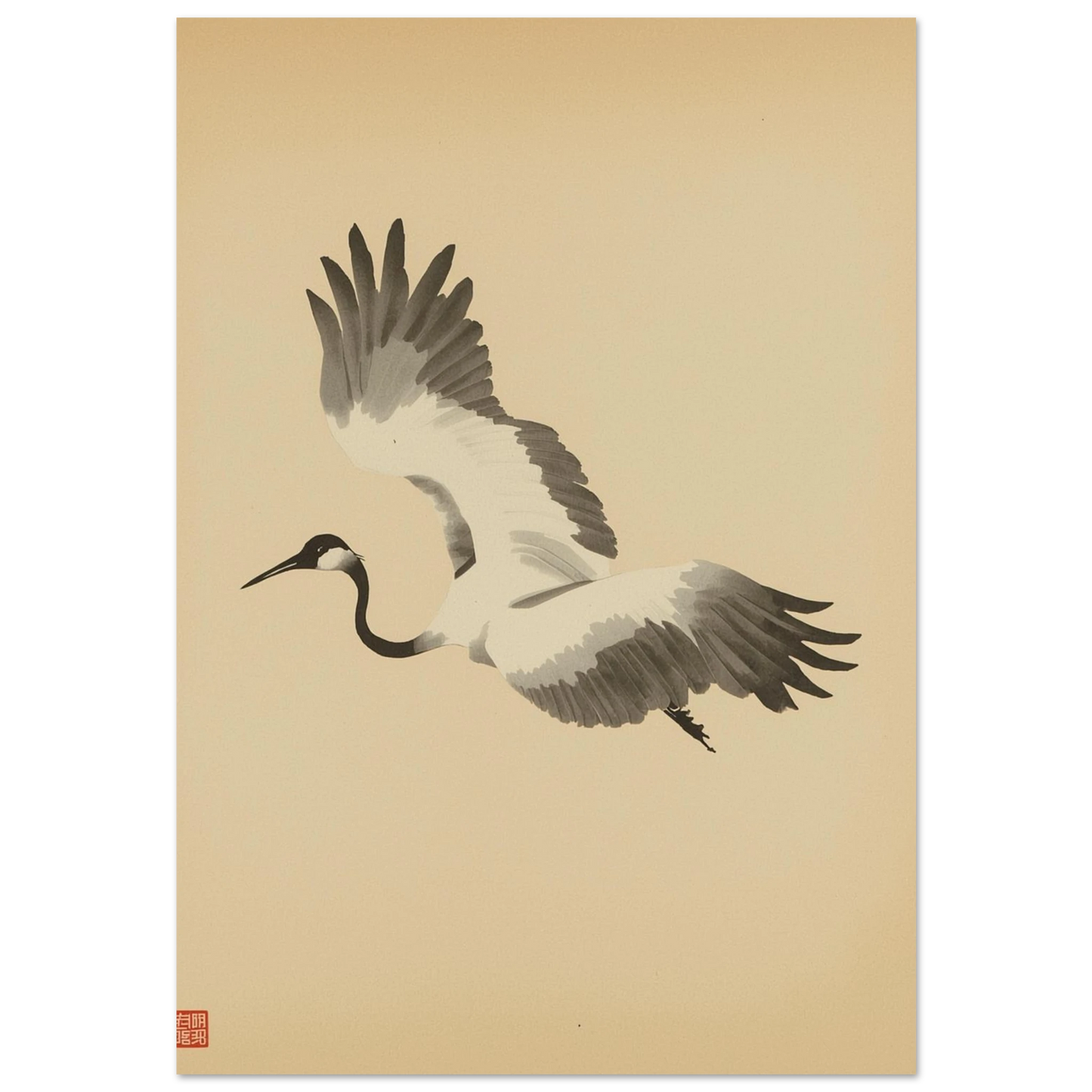 Japansk tuschmålning av en flygande trana på varmbeige bakgrund