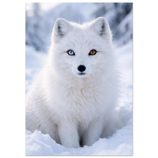 Vit fjällräv med ett blått och ett brunt öga i snö – Fotorealistisk poster