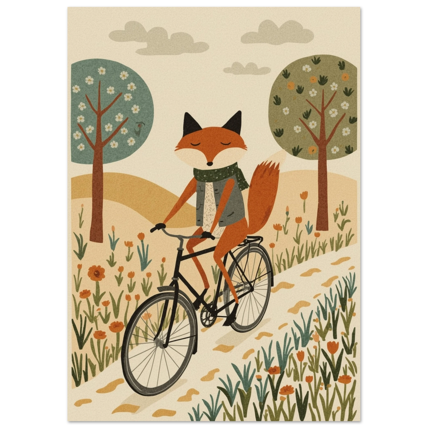 Räv på cykel i ett landskap nära träd och blommor, beige bakgrund – Tecknad poster
